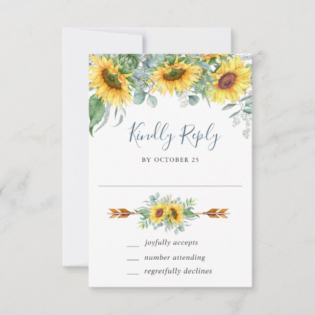Watercolor Sunflowers Eucalyptus Wedding RSVP Card (Front)