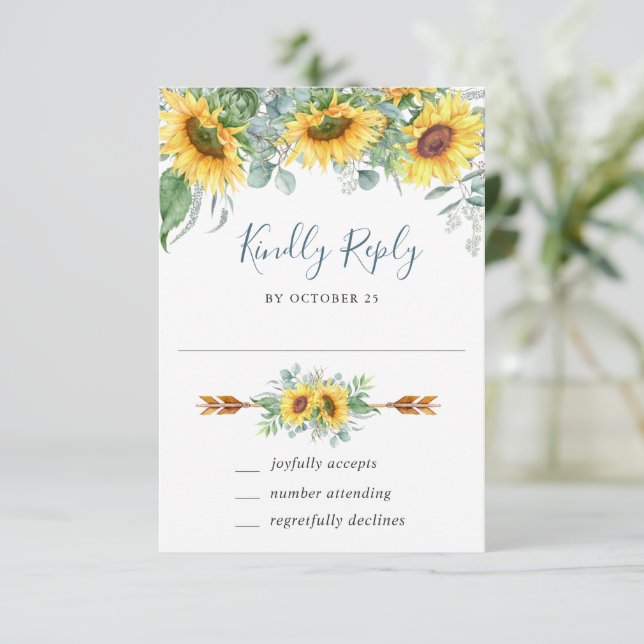 Watercolor Sunflowers Eucalyptus Wedding RSVP Card (Standing Front)