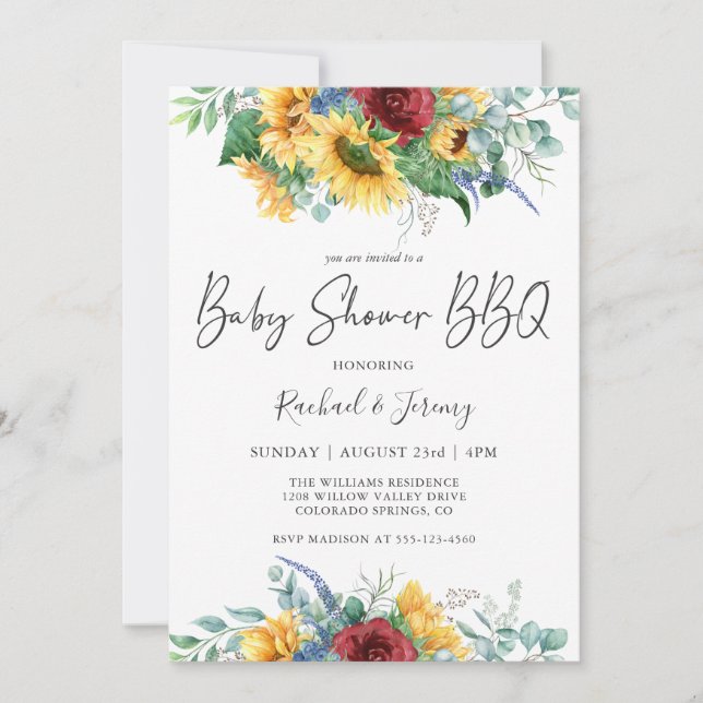 Watercolor Sunflowers Floral Baby Shower BBQ Invitation (Front)