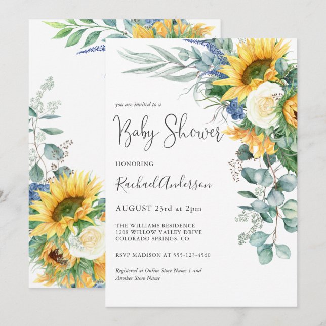 Watercolor Sunflowers Floral Baby Shower Invitation (Front/Back)