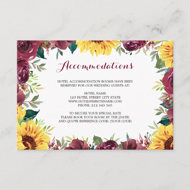 Watercolor Sunflowers Floral Border Accommodation Enclosure Card (Front)