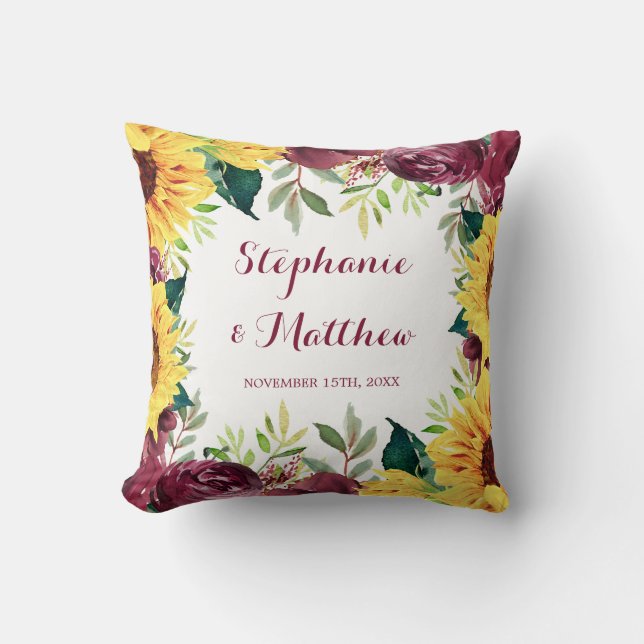 Watercolor Sunflowers Floral Border Wedding Cushion (Front)
