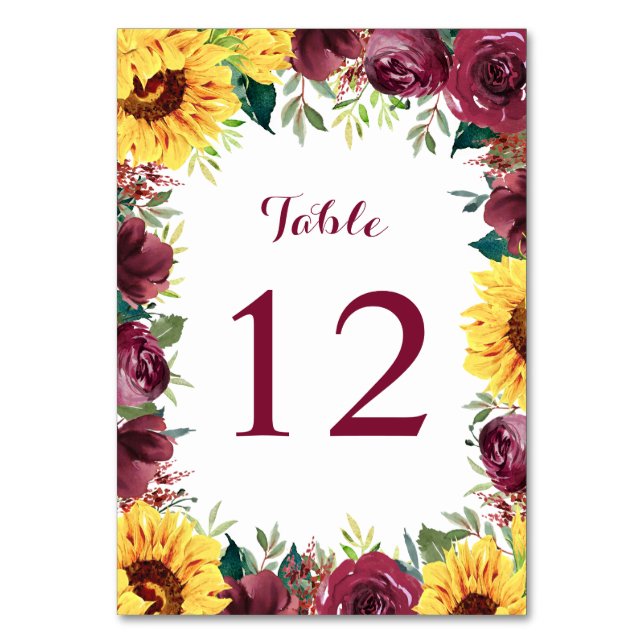 Watercolor Sunflowers Floral Border Wedding Table Number (Front)