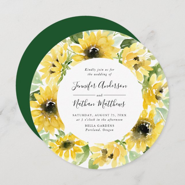 Watercolor Sunflowers Floral Wreath | Wedding Invitation (Front/Back)