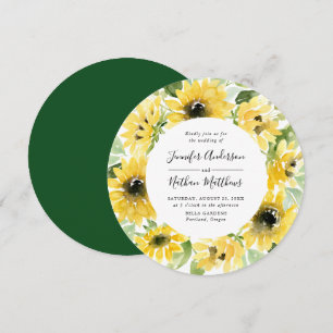 Watercolor Sunflowers Floral Wreath   Wedding Invitation