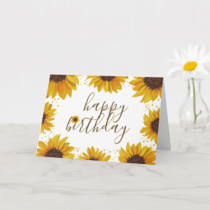 Watercolor Sunflowers & Gold Dots Happy Birthday Card