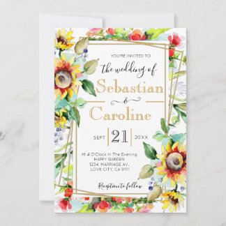 Watercolor Sunflowers Golden Wedding Invitation