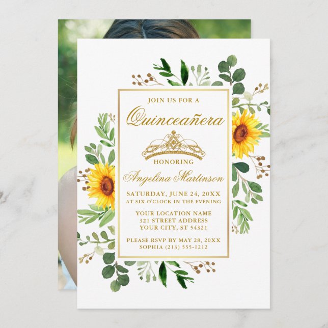 Watercolor Sunflowers Greenery Quinceanera Photo Invitation (Front/Back)