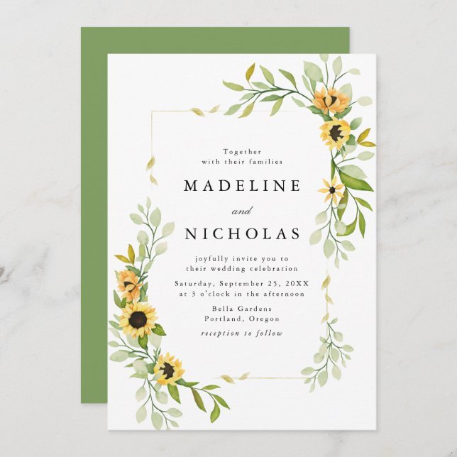 Watercolor Sunflowers & Greenery Wedding Invitation (Front/Back)