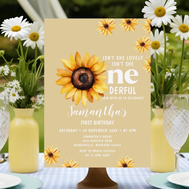 Watercolor Sunflowers Isn't She Onederful Birthday Invitation (Creator Uploaded)