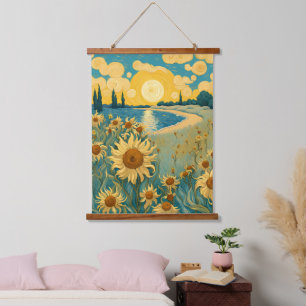 Watercolor Sunflowers Landscape in Van Gogh Style  Hanging Tapestry