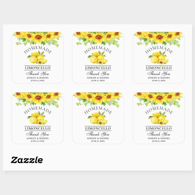 Watercolor Sunflowers Lemons Limoncello Wedding Square Sticker (Sheet)