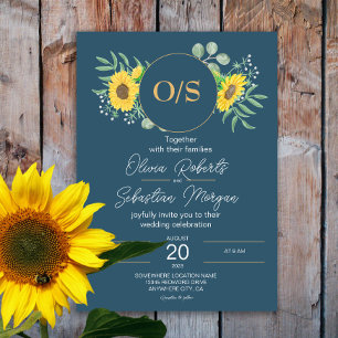 Watercolor Sunflowers Monogram Navy Blue Wedding Invitation