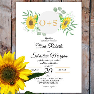 Watercolor Sunflowers Monogram Wedding Invitation