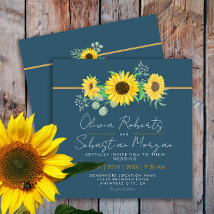 Watercolor Sunflowers Navy Blue Square Wedding Invitation