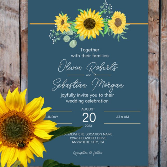 Watercolor Sunflowers Navy Blue Wedding Invitation (Creator Uploaded)