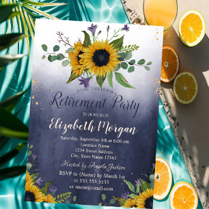 Watercolor Sunflowers Ombre Blue Retirement Invitation