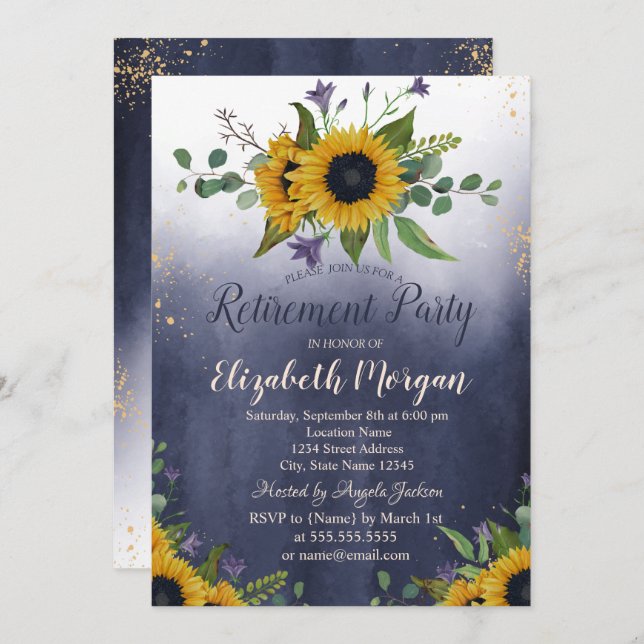 Watercolor Sunflowers Ombre Blue Retirement  Invitation (Front/Back)
