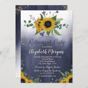 Watercolor Sunflowers Ombre Blue Retirement  Invitation