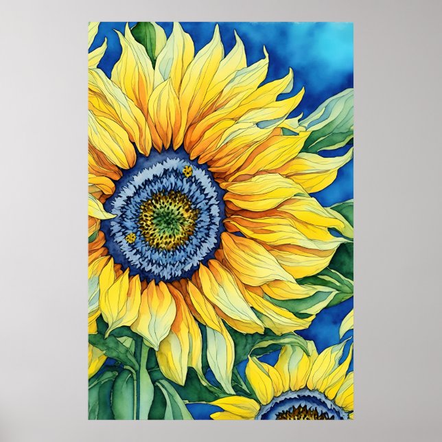 Watercolor Sunflowers On A Sky Blue Background Poster (Front)