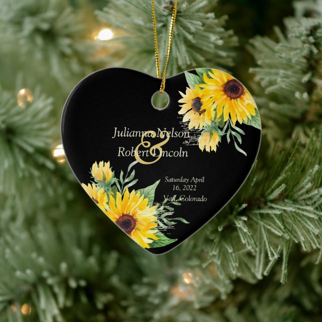 Watercolor sunflowers on black wedding    ceramic ornament (Tree)