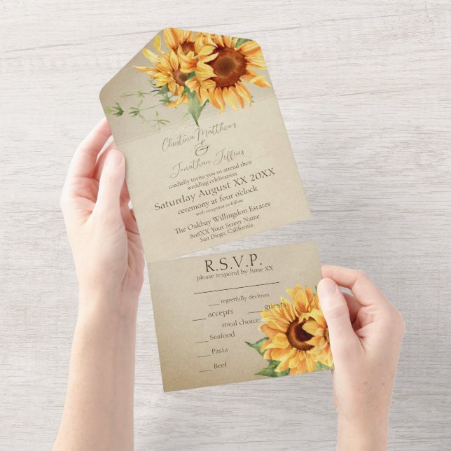 Watercolor Sunflowers on Faded Parchment All In One Invitation (Tearaway)