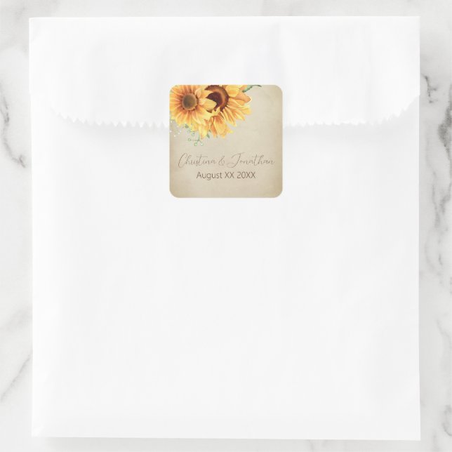 Watercolor Sunflowers on Faded Parchment Square Sticker (Bag)
