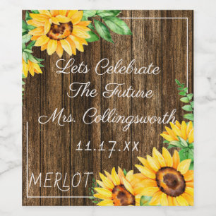 Watercolor Sunflowers On Wood Look Sparkling Wine  Label