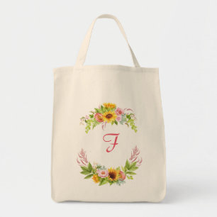 Watercolor Sunflowers Peonies Roses Monogram Boho Tote Bag