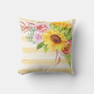 Watercolor Sunflowers Peonies Roses Stripes Cushion