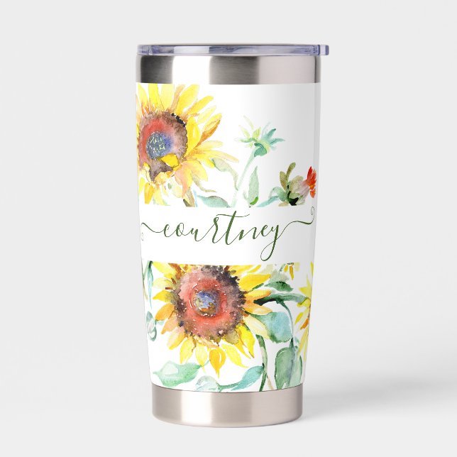 Watercolor sunflowers personalised    insulated tumbler (Left)