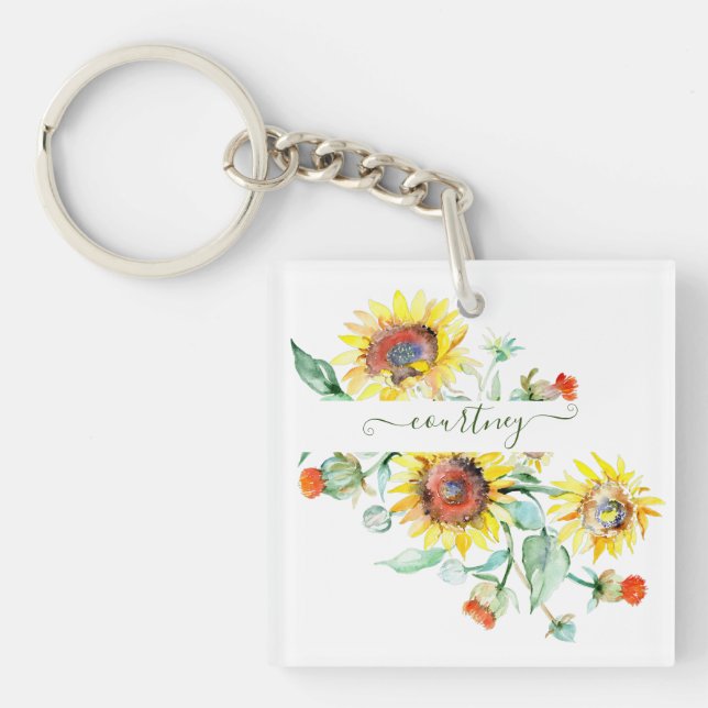 Watercolor sunflowers personalised    key ring (Front)