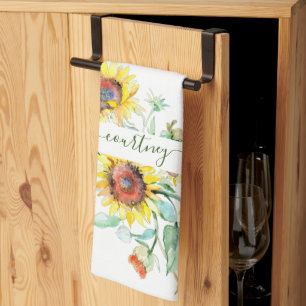 Watercolor sunflowers personalised tea towel