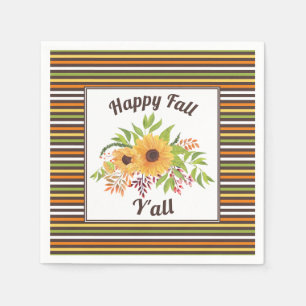 Watercolor sunflowers, stripes Happy fall Y'all Napkin