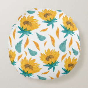 Watercolor Sunflowers: Summer Botanical Print Round Cushion