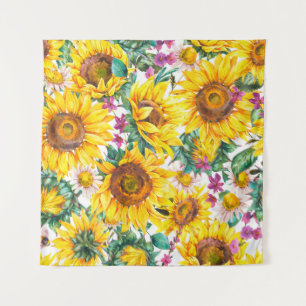 Watercolor sunflowers summer vintage seamless patt tapestry
