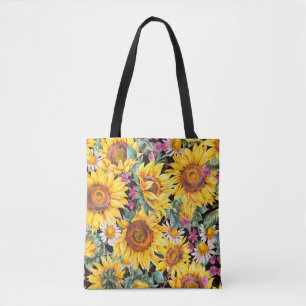 Watercolor sunflowers summer vintage seamless patt tote bag