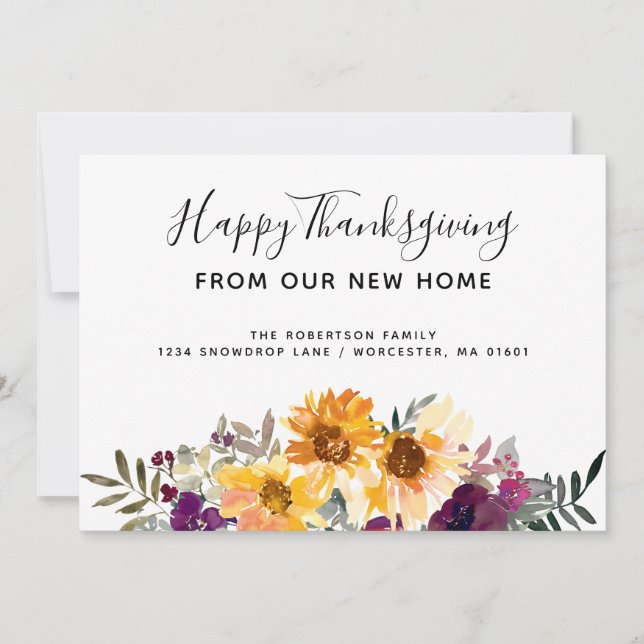Watercolor Sunflowers Thanksgiving New Address Announcement (Front)