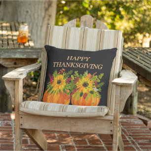 Watercolor Sunflowers Thanksgiving Pumpkins Fall  Cushion