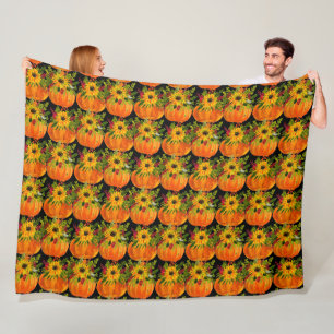 Watercolor Sunflowers Thanksgiving Pumpkins Fall Fleece Blanket