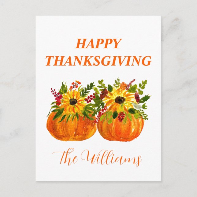 Watercolor Sunflowers Thanksgiving Pumpkins Fall  Postcard (Front)