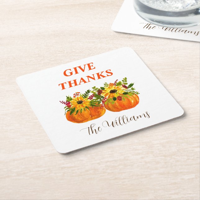 Watercolor Sunflowers Thanksgiving Pumpkins Fall  Square Paper Coaster (Angled)