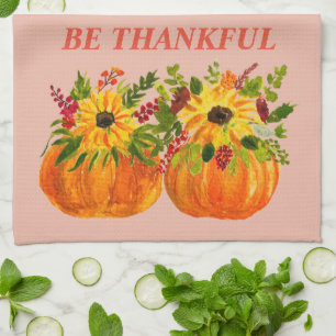 Watercolor Sunflowers Thanksgiving Pumpkins Fall  Tea Towel