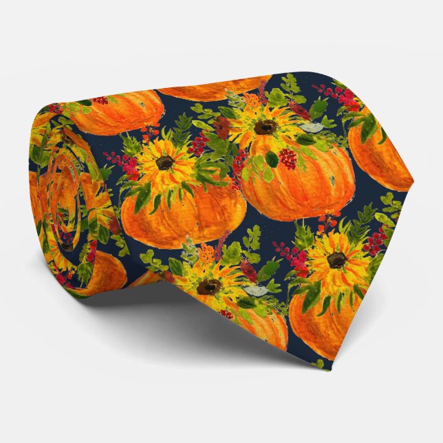 Watercolor Sunflowers Thanksgiving Pumpkins Fall  Tie (Rolled)