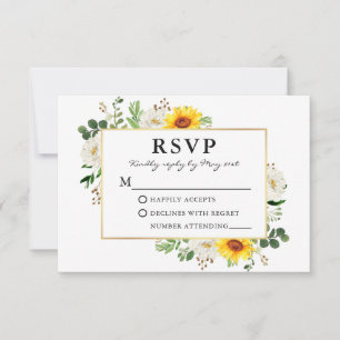 Watercolor Sunflowers White Floral Gold Wedding RSVP Card