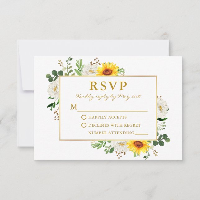 Watercolor Sunflowers White Floral Wedding Gold RSVP Card (Front)