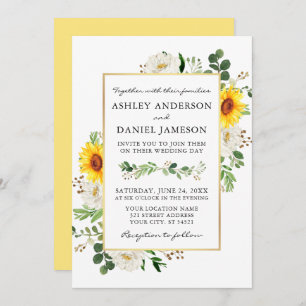 Watercolor Sunflowers White Floral Wedding Invitation