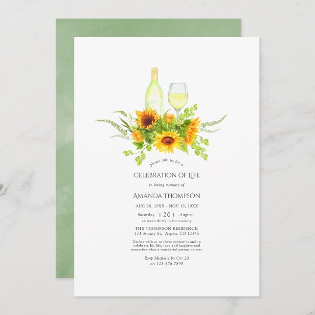 Watercolor Sunflowers Wine Celebration of Life  In Invitation (Front/Back)