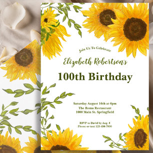 Watercolor Sunflowers Women's 100th Birthday  Invitation