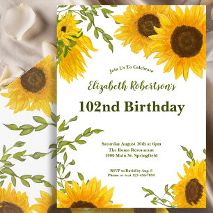 Watercolor Sunflowers Women's 102nd Birthday Invitation
